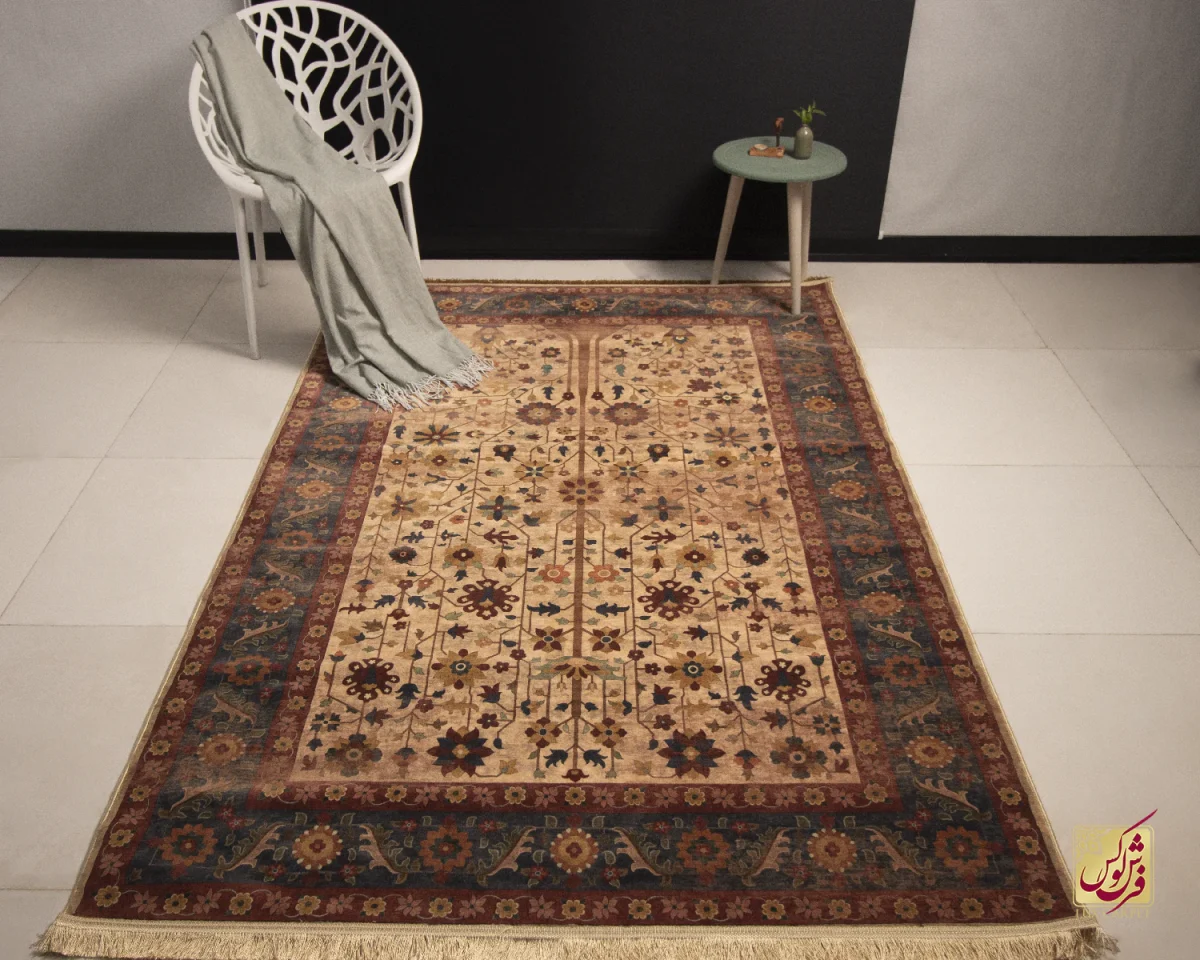 فرش ابریشم ماشینی Z1086 کرم حاشیه سرمه ای - تصویر 1