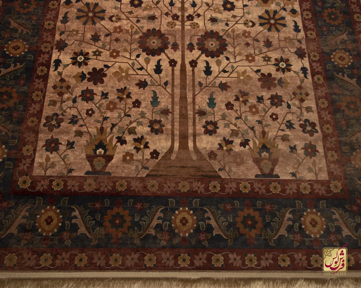 فرش ابریشم ماشینی Z1086 کرم حاشیه سرمه ای - تصویر 9