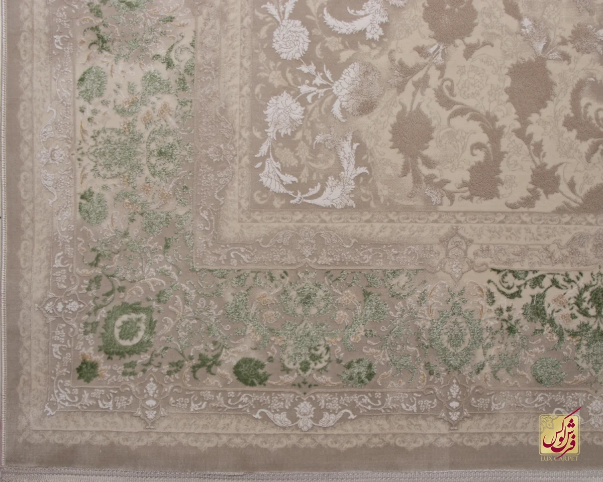 فرش وینتیج 3022 نسکافه‌ای کرم حاشیه سبز - تصویر 7