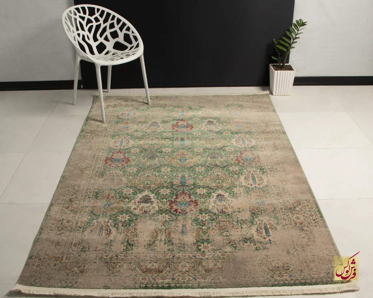 فرش وینتیج HR 186 نسکافه‌ای سبز - تصویر 1
