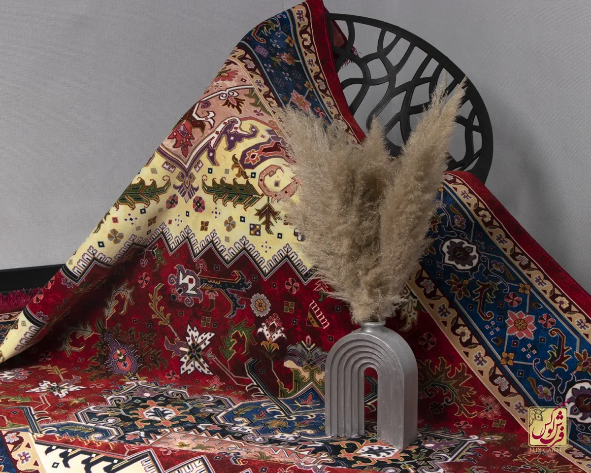 فرش ابریشم ماشینی T1089 لاکی حاشیه آبی - تصویر 7