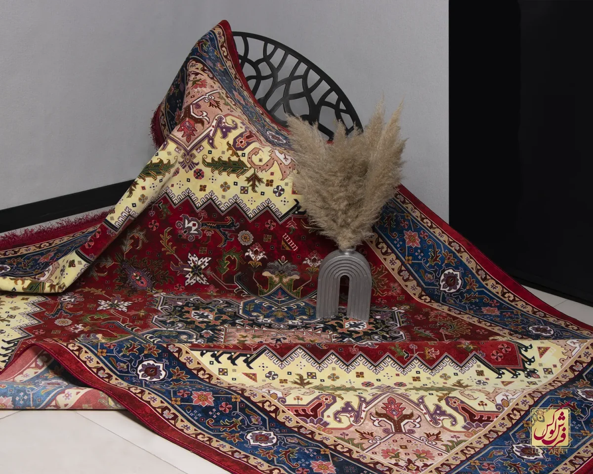 فرش ابریشم ماشینی T1089 لاکی حاشیه آبی - تصویر 1