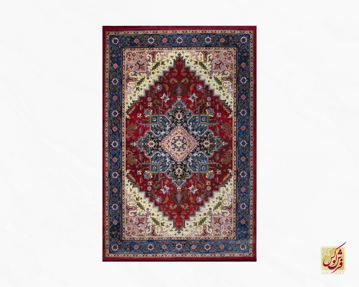 فرش ابریشم ماشینی T1089 لاکی حاشیه آبی - تصویر 2