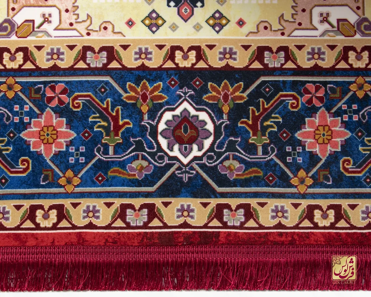 فرش ابریشم ماشینی T1089 لاکی حاشیه آبی - تصویر 5