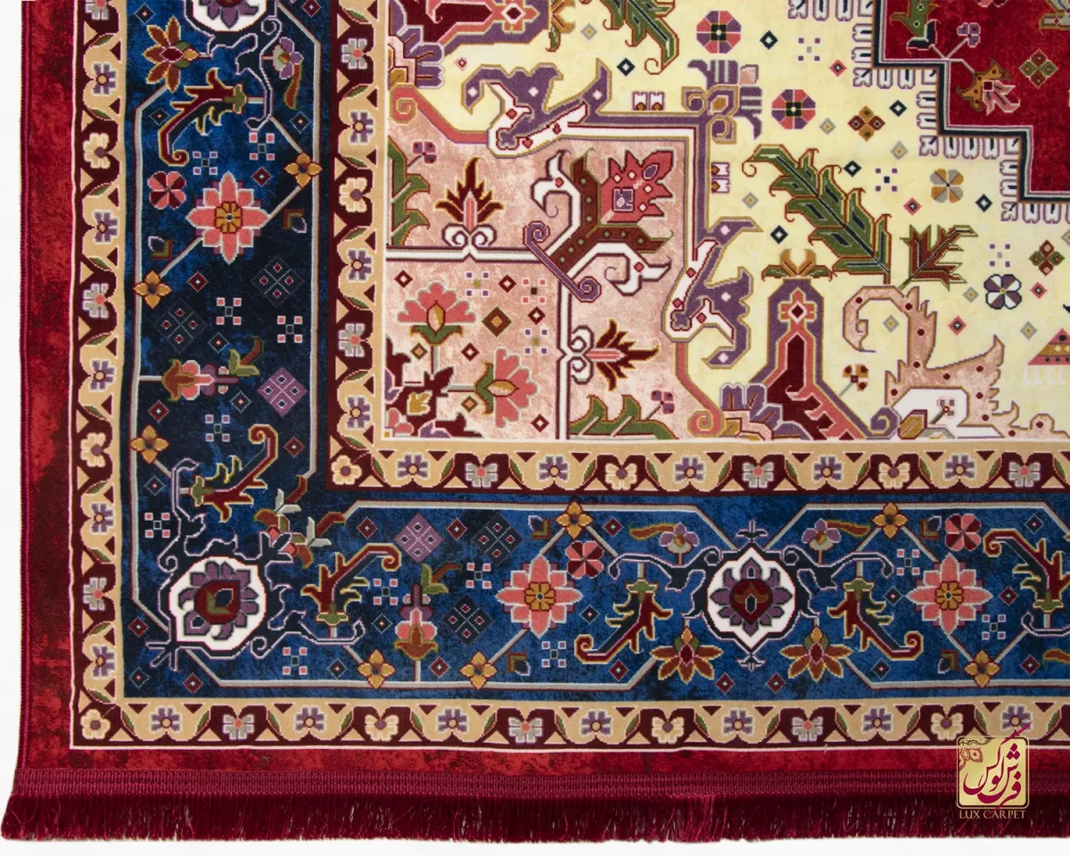 فرش ابریشم ماشینی T1089 لاکی حاشیه آبی - تصویر 6