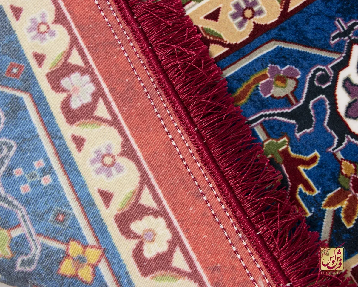 فرش ابریشم ماشینی T1089 لاکی حاشیه آبی - تصویر 8