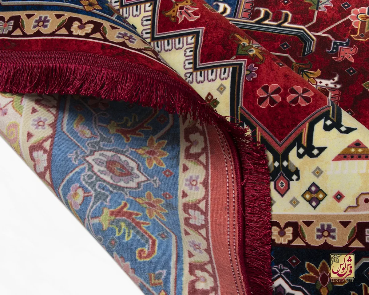 فرش ابریشم ماشینی T1089 لاکی حاشیه آبی - تصویر 10