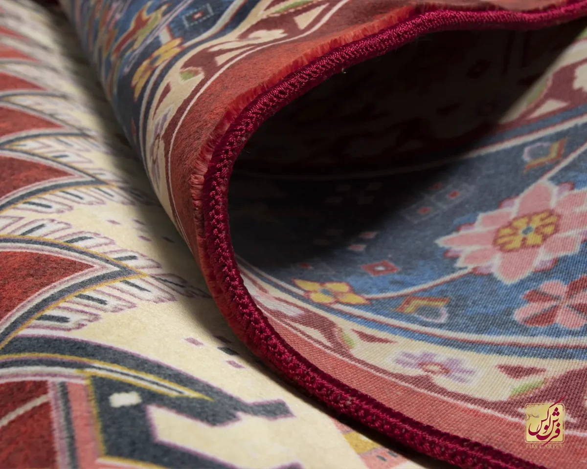 فرش ابریشم ماشینی T1089 لاکی حاشیه آبی - تصویر 11