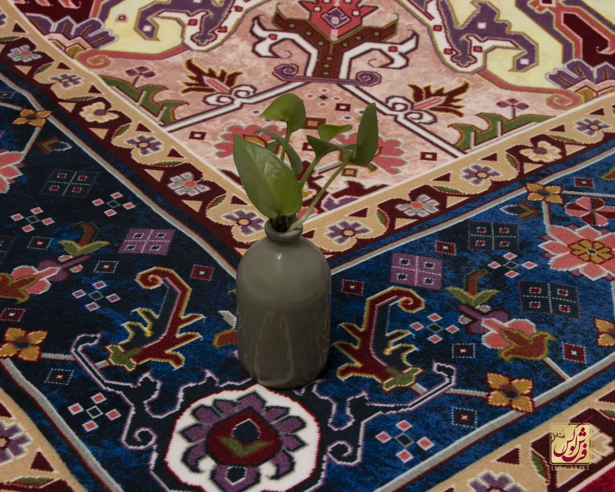 فرش ابریشم ماشینی T1089 لاکی حاشیه آبی - تصویر 12