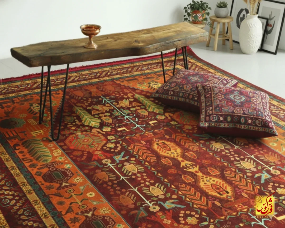 1016-a فرش ابریشم ماشینی A1016 لاکی نارنجی - تصویر 1