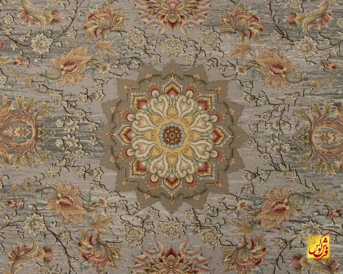 فرش ابریشم ماشینی A1017 طوسی کرم - تصویر 3