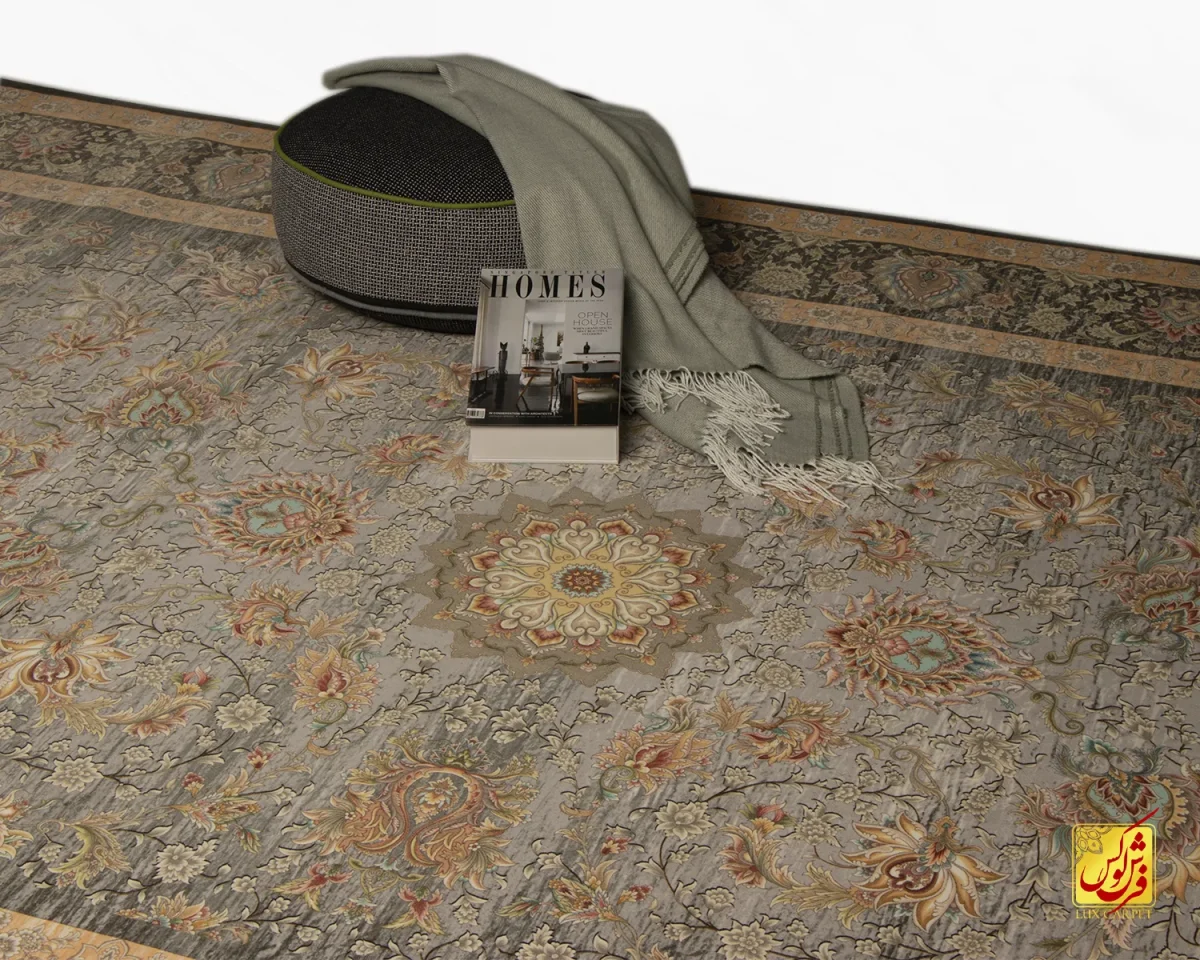 1017-6 فرش ابریشم ماشینی A1017 طوسی کرم - تصویر 1