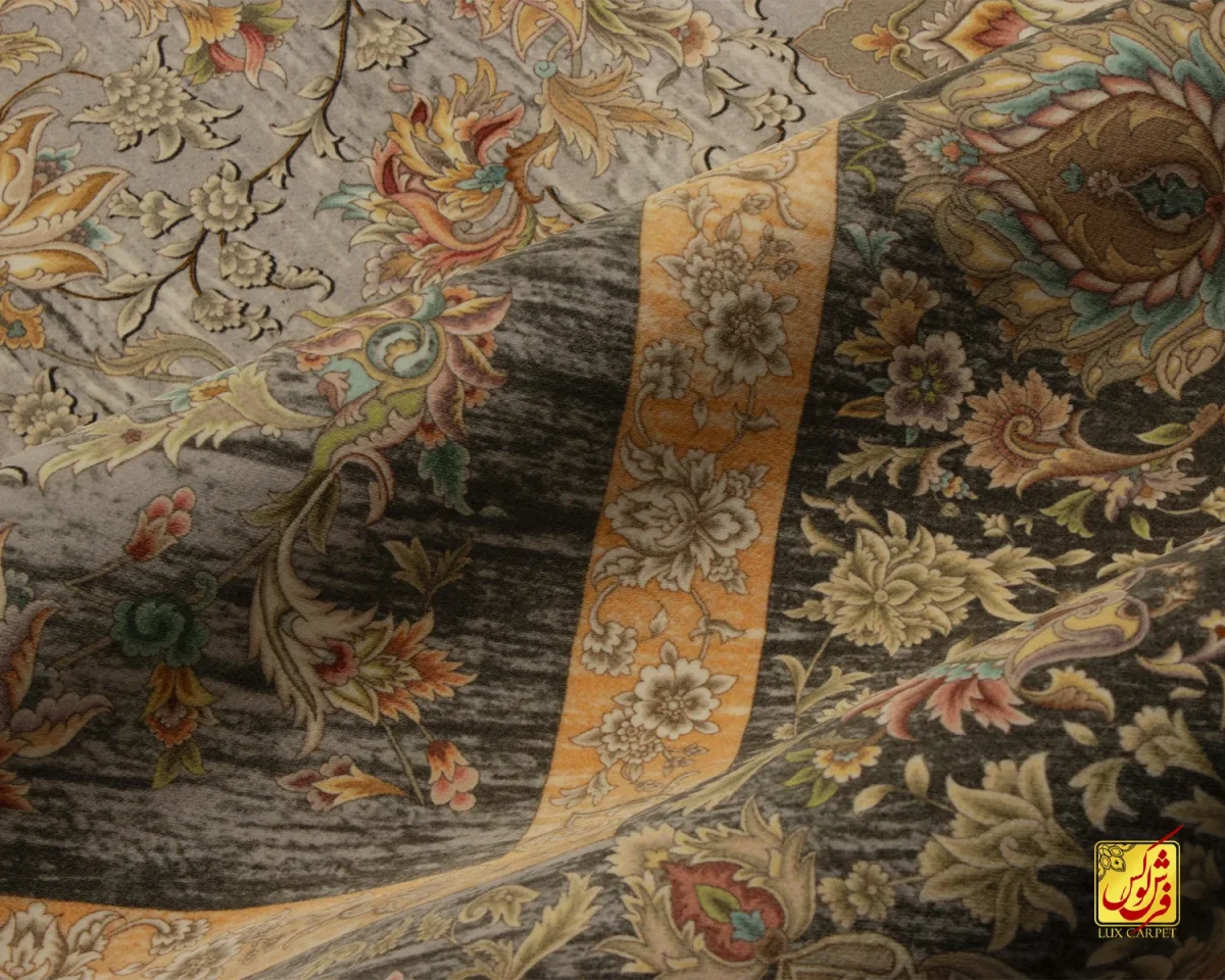 فرش ابریشم ماشینی A1017 طوسی کرم - تصویر 7