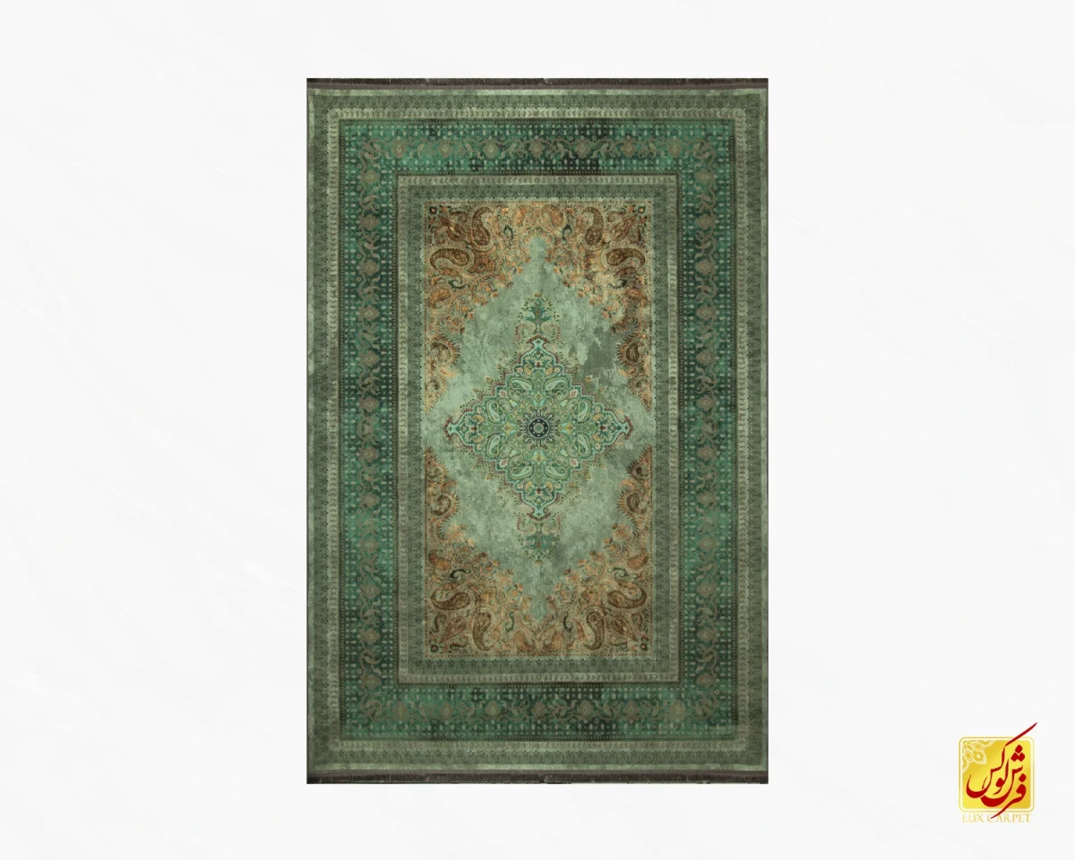 فرش ابریشم ماشینی A1023 فیروزه‌‎ای سبز - تصویر 2