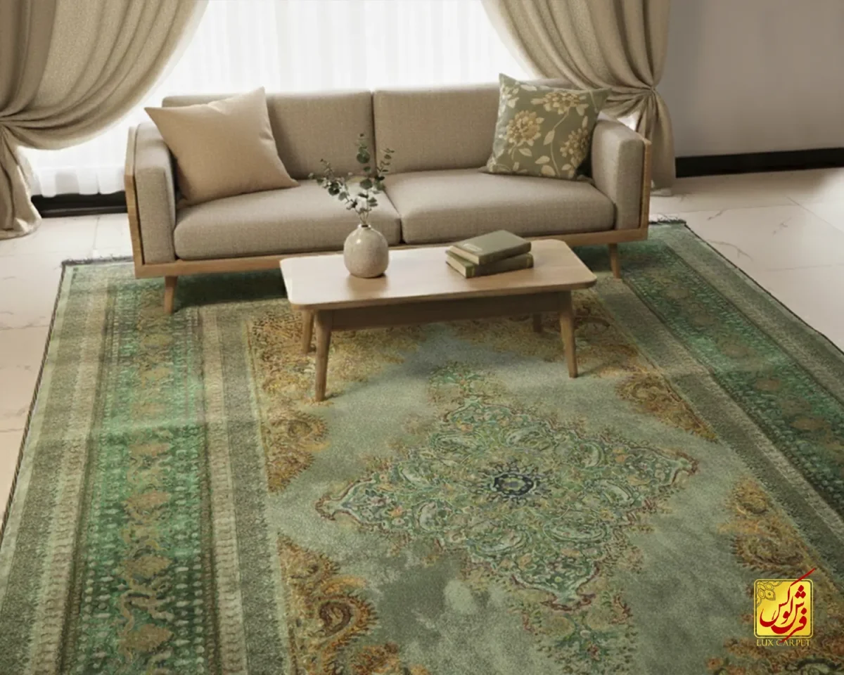 1023-3 فرش ابریشم ماشینی A1023 فیروزهای سبز - تصویر 1
