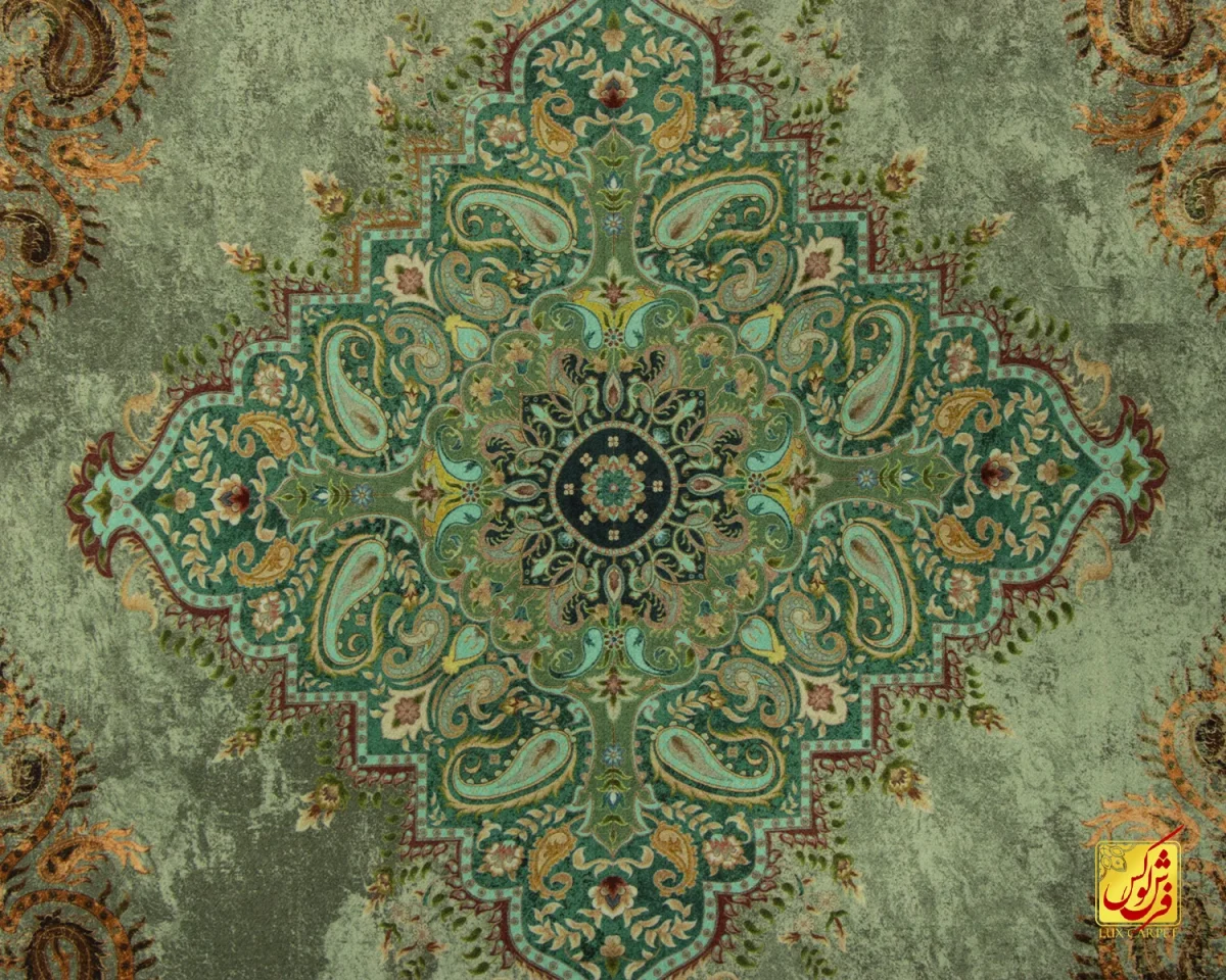 فرش ابریشم ماشینی A1023 فیروزه‌‎ای سبز - تصویر 3