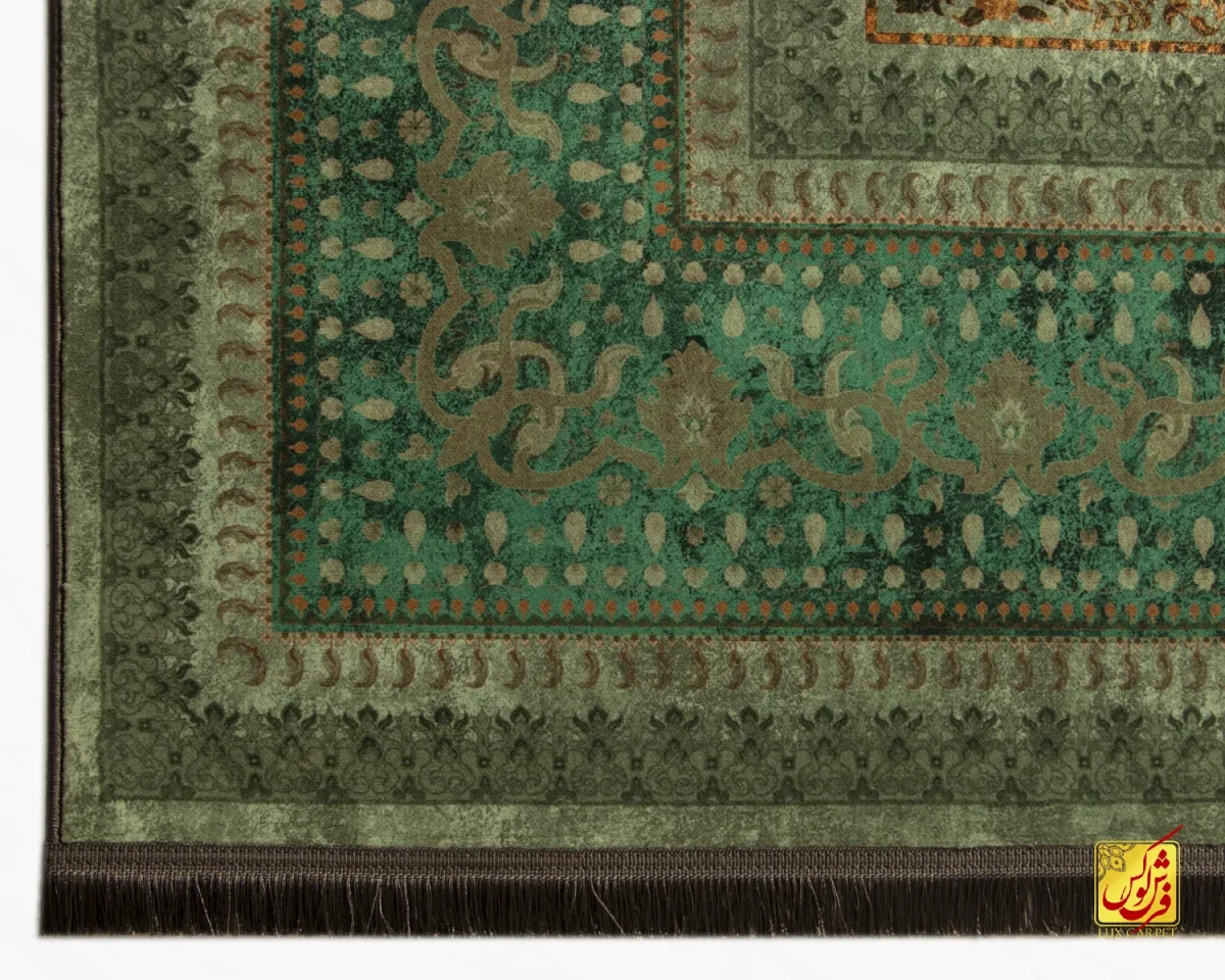 فرش ابریشم ماشینی A1023 فیروزه‌‎ای سبز - تصویر 4