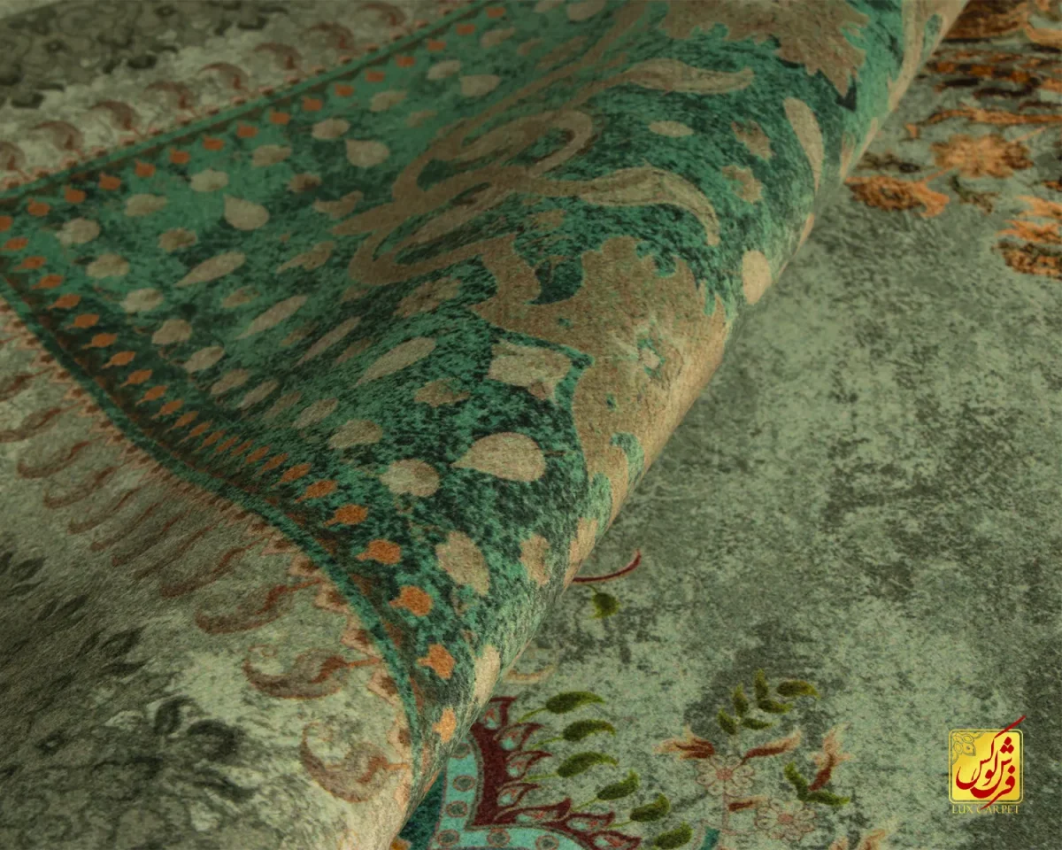 فرش ابریشم ماشینی A1023 فیروزه‌‎ای سبز - تصویر 7