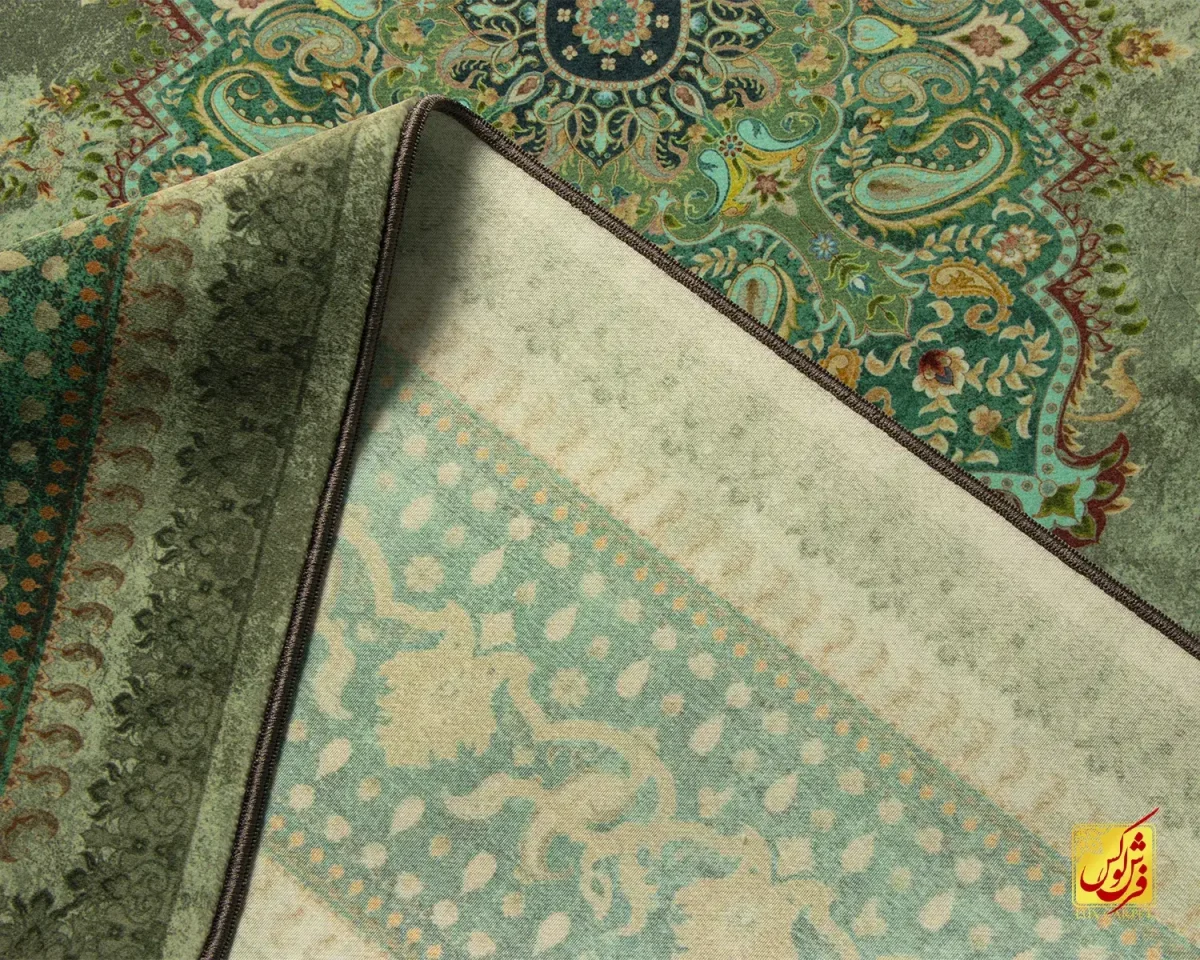 فرش ابریشم ماشینی A1023 فیروزه‌‎ای سبز - تصویر 8