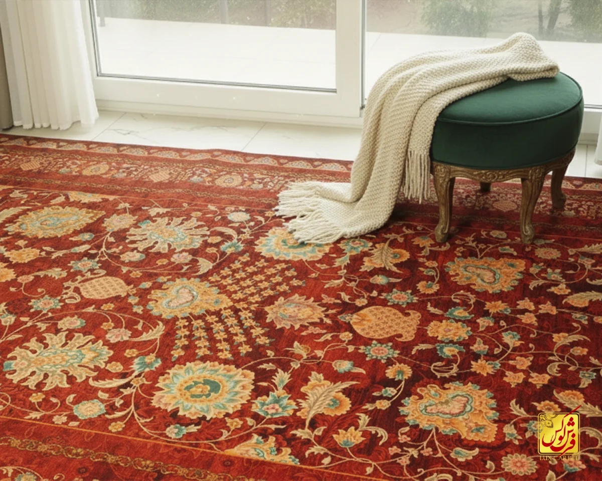 1038 فرش ابریشم ماشینی A1038 لاکی - تصویر 1