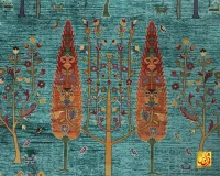 فرش ابریشم ماشینی C1011 آبی نارنجی - Image 4