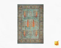 فرش ابریشم ماشینی C1011 آبی نارنجی - Image 2