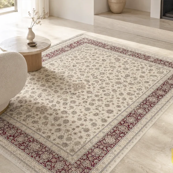 فرش کلاسیک 7502 کرم حاشیه شرابی
