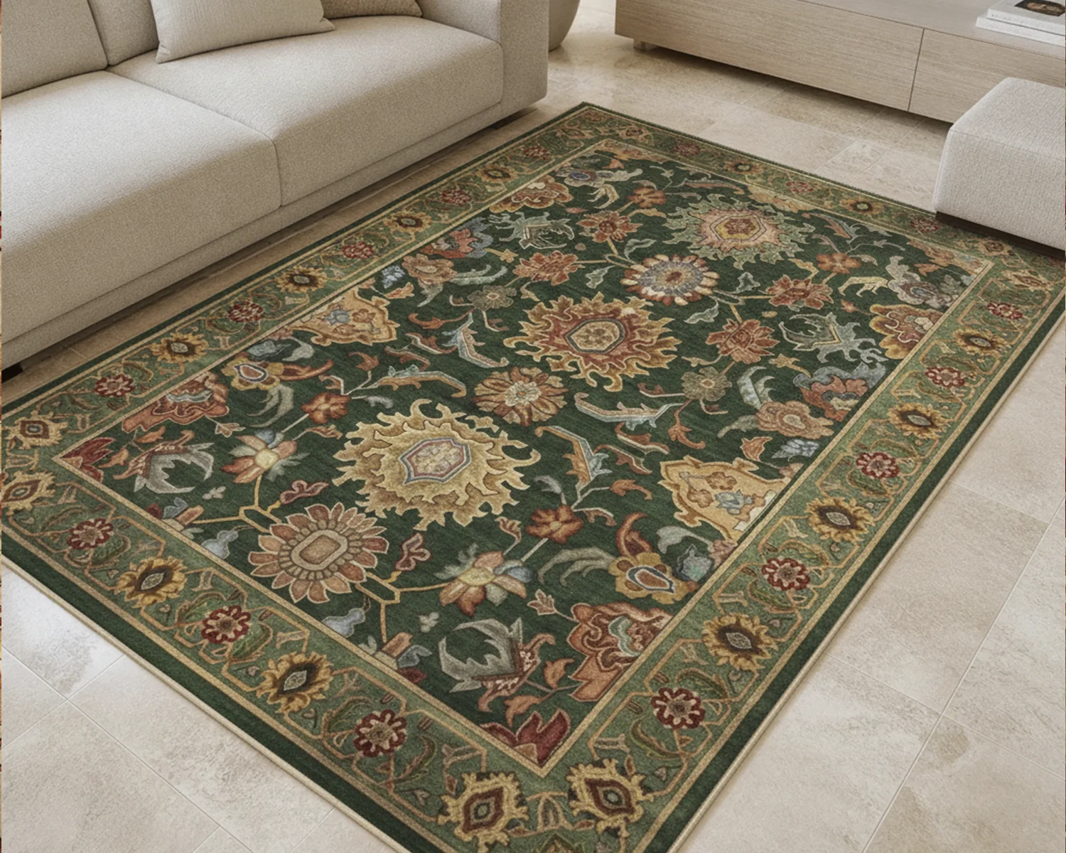 فرش ابریشم ماشینی L1017 سبز فرش ابریشم ماشینی L1017 سبز - Image 1