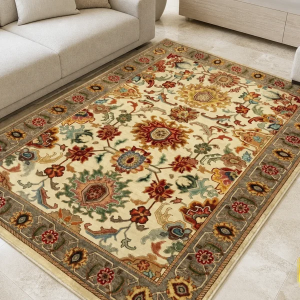 فرش ابریشم ماشینی L1021 کرم