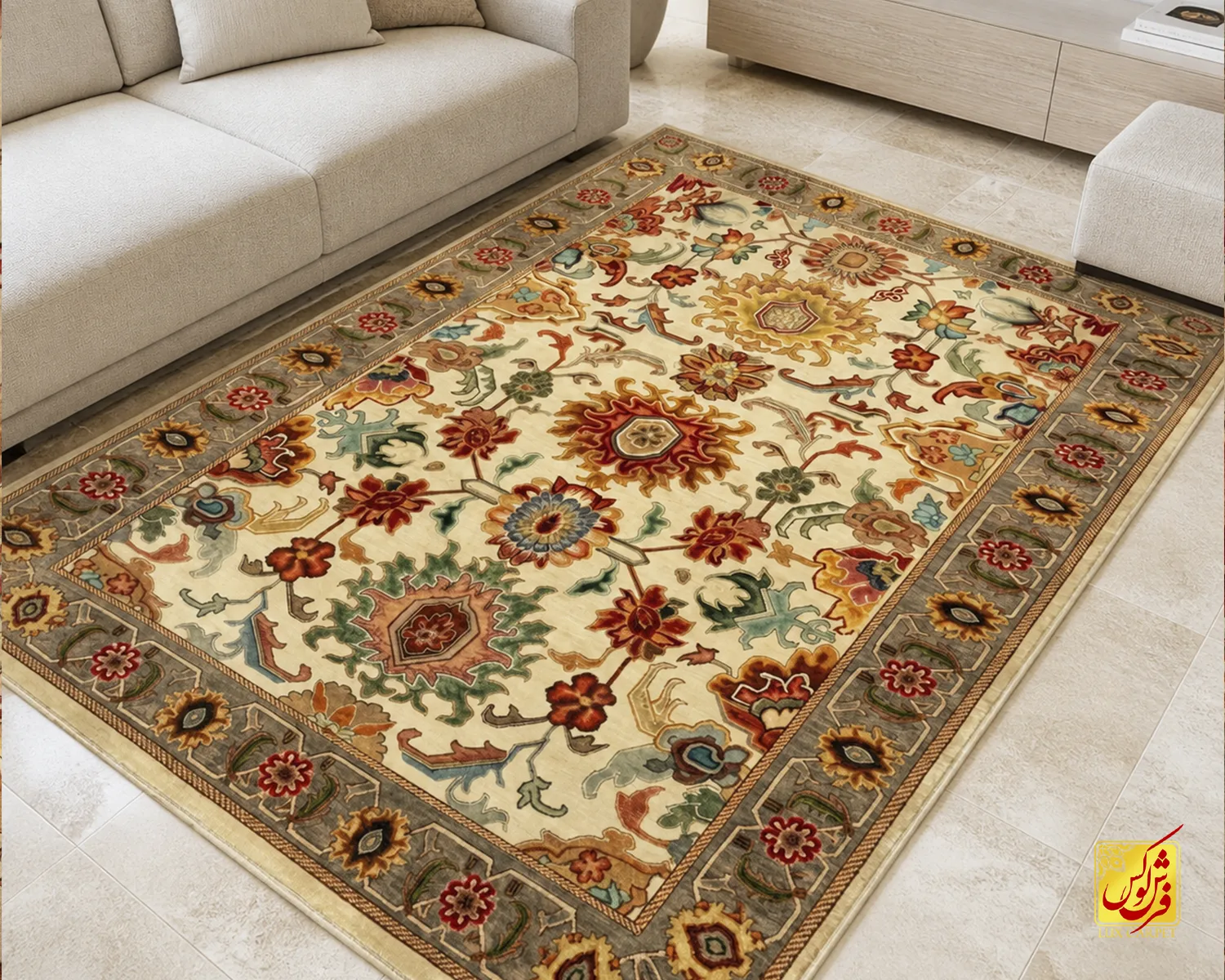 فرش ابریشم ماشینی L1021 کرم فرش ابریشم ماشینی L1021 کرم - Image 1